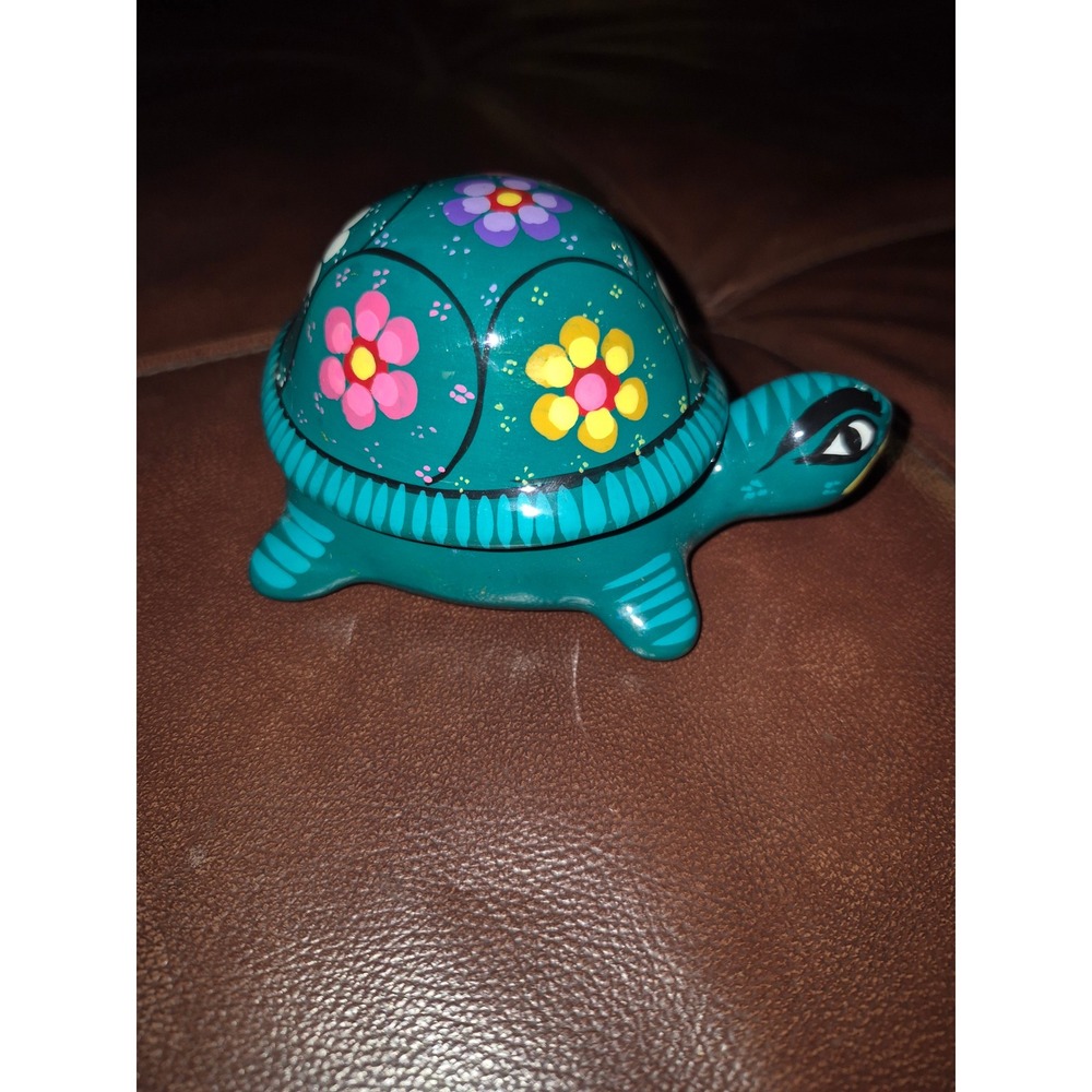 Hand Painted Turtle Trinket Box Mexican Folk Art Style Floral Terracotta gift - Picture 3 of 9